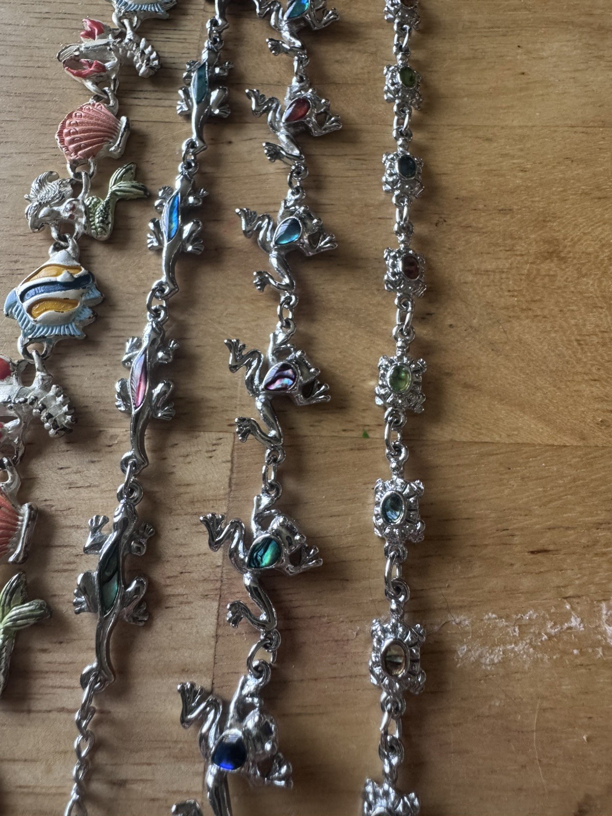 Turtle Lizard Frog Mermaid Bracelet Abalone Shell Silver Tone Link Coastal Beach