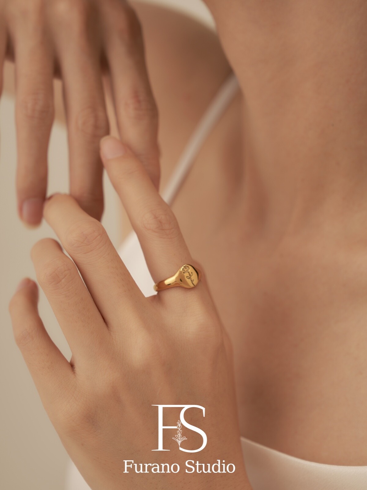 Non Tarnish 18K Gold Plated Rose Signet Ring-R007