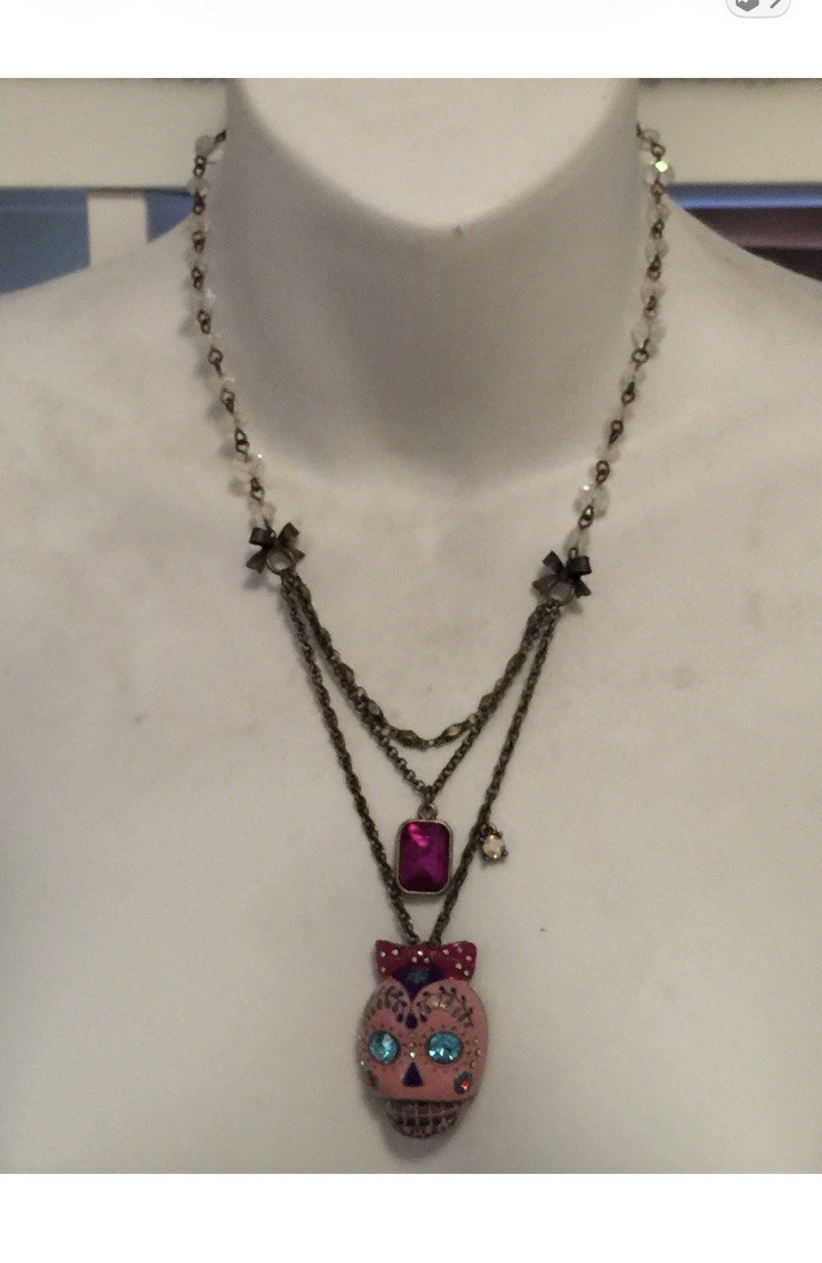Pink Skull Charm Pendant Necklace Multicolor Crystal Rhinestone Layered Cable