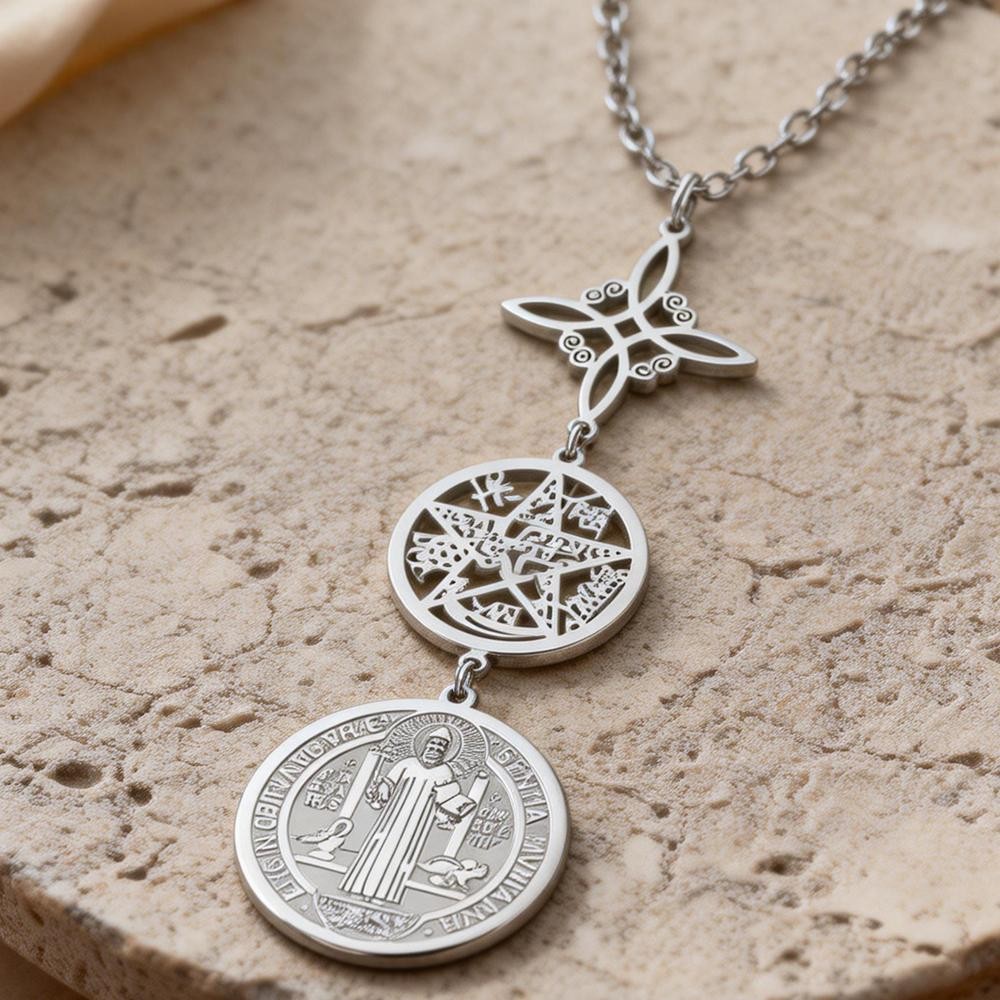 Triple Protection Knot With Witch Necklace Pentagram Tetragrammaton St. Benedict