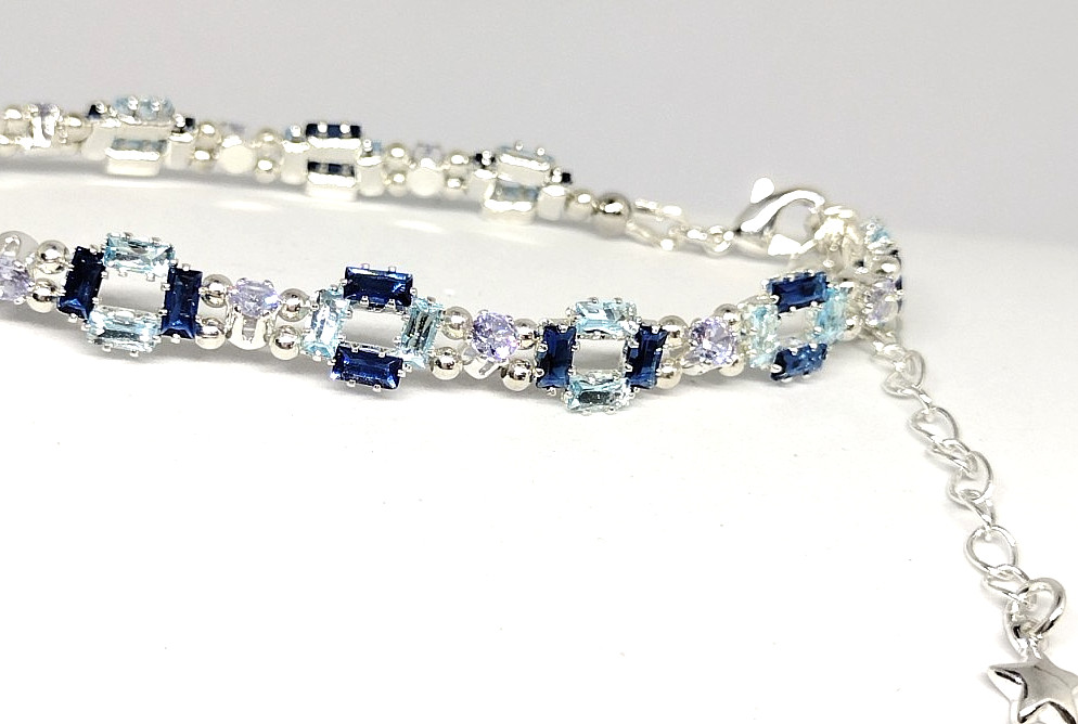 6-inch Bracelet Square-Royal Blue-Light Blue 2x4mmCZ-3mm Round Lavender Beads