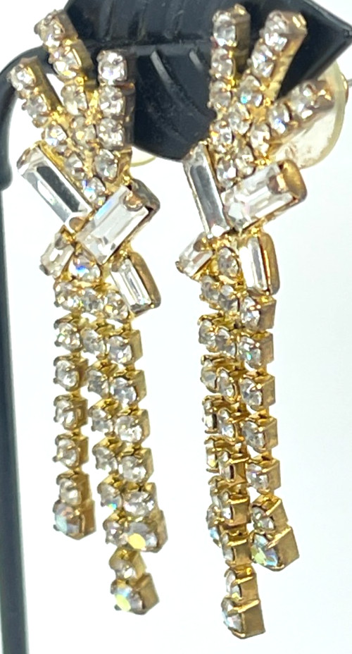 Earrings Dressy Gold Tone Clear Crystal Enhanced Asymmetrical Design. Drop = 2″