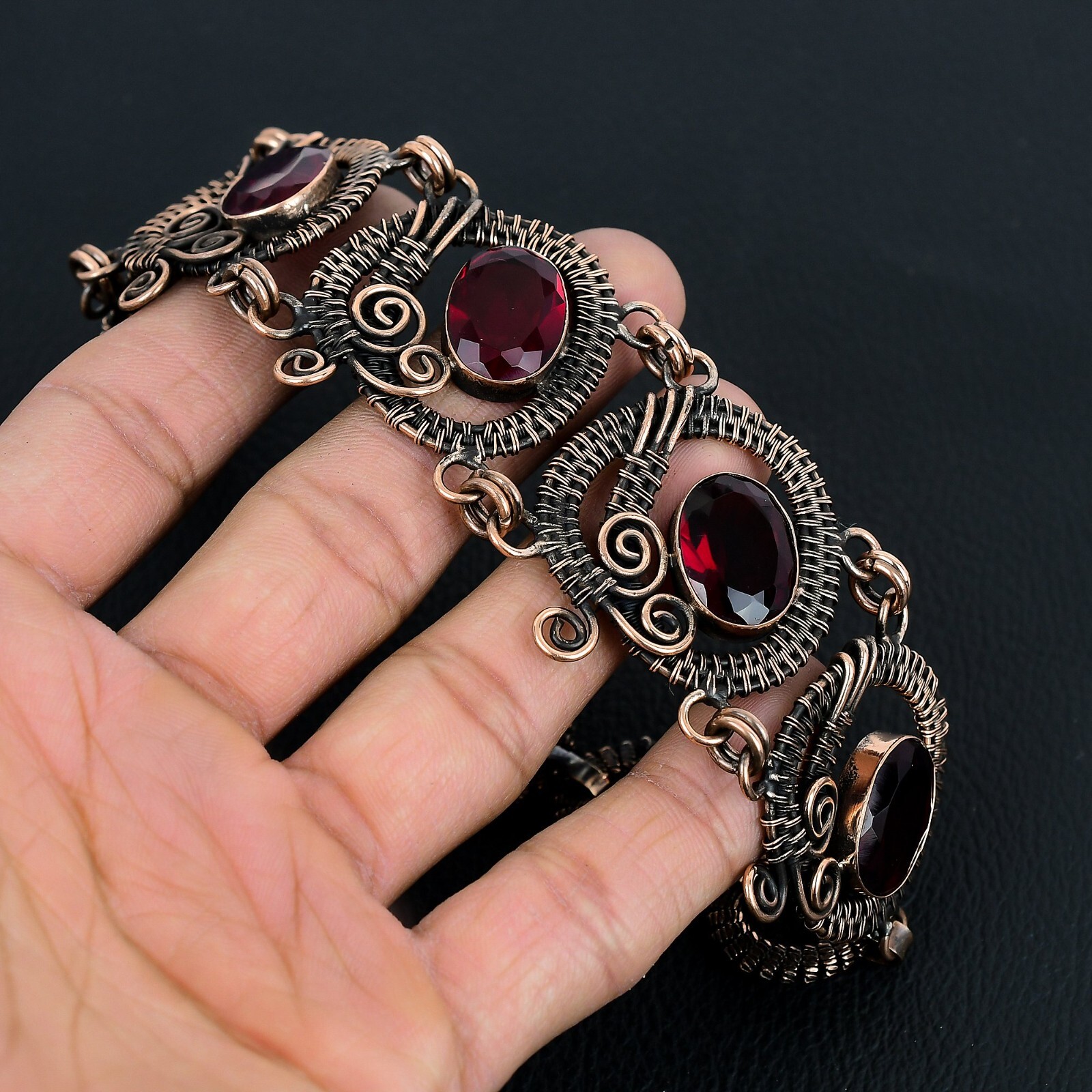 Beautiful Red Garnet Handmade Gemstone Copper Wire Wrapped Jewelry Bracelet