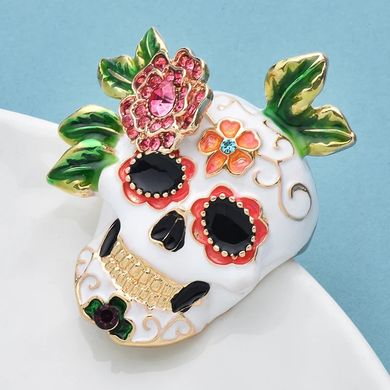 4.4*5.5cm Lady Enamel Skull Flower Skeleton Rhinestone Small Brooches Brooch Pin