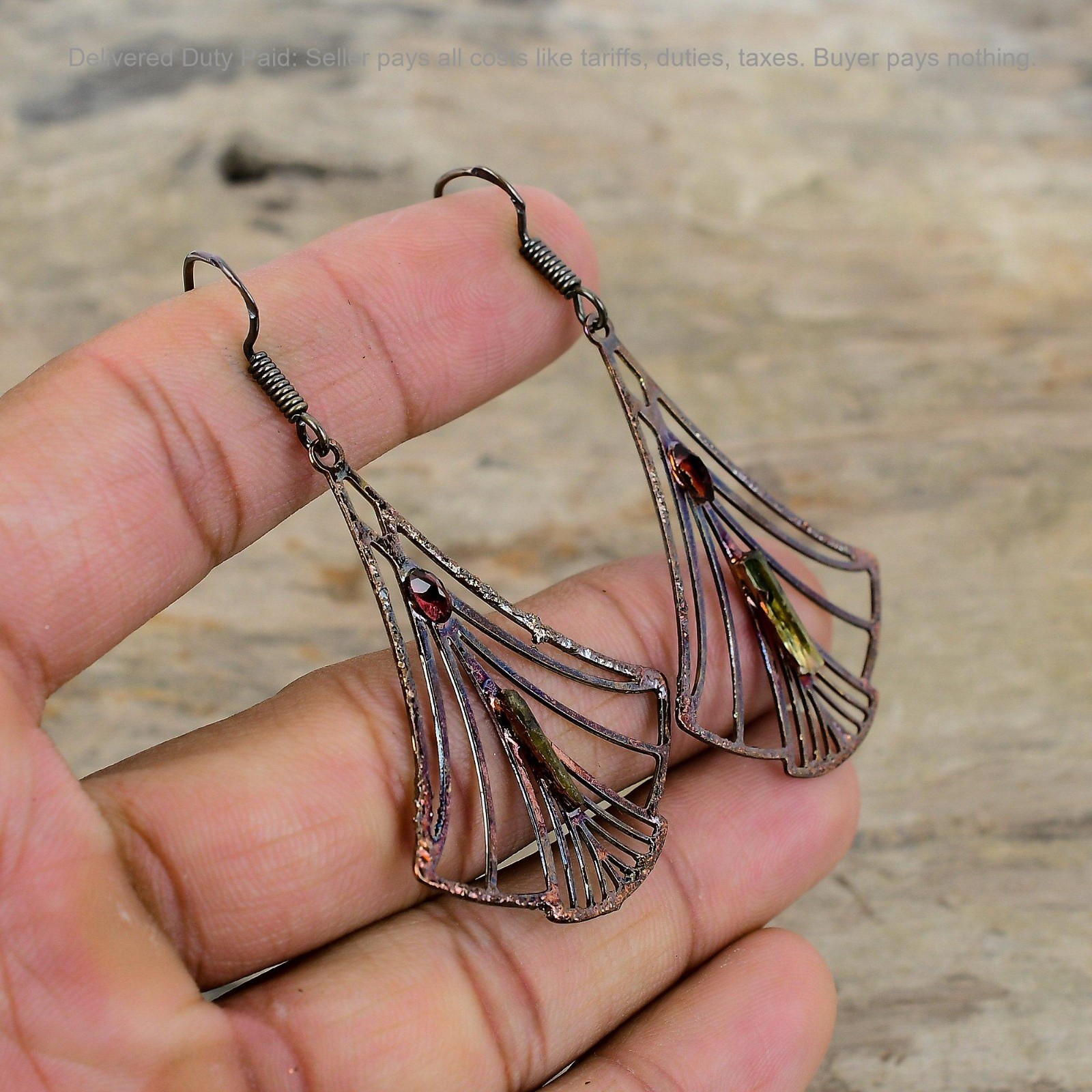 Copper Natural Multi Tourmaline Rough Drop Dangle Electroformed Earrings Jewelry