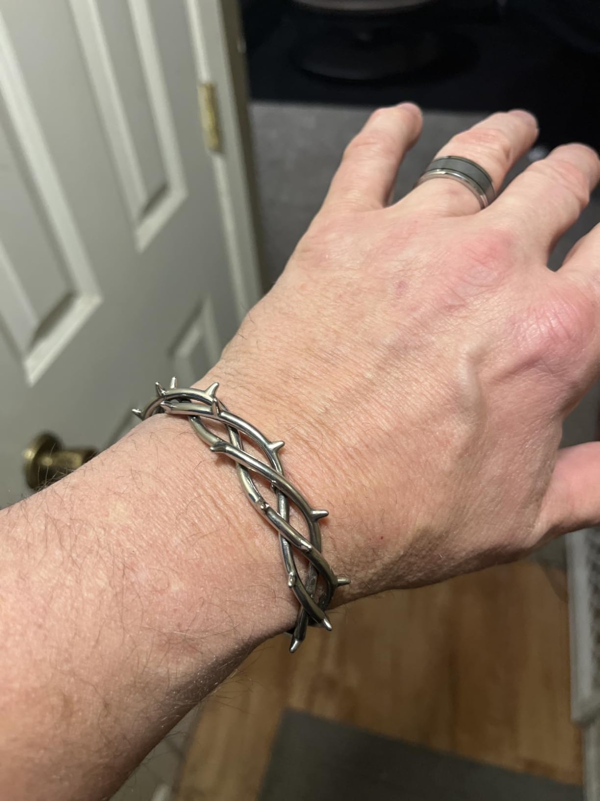 Punk Gothic Stainless Steel Barbed Wire Cuff Bracelet, Silver Bangle for Men