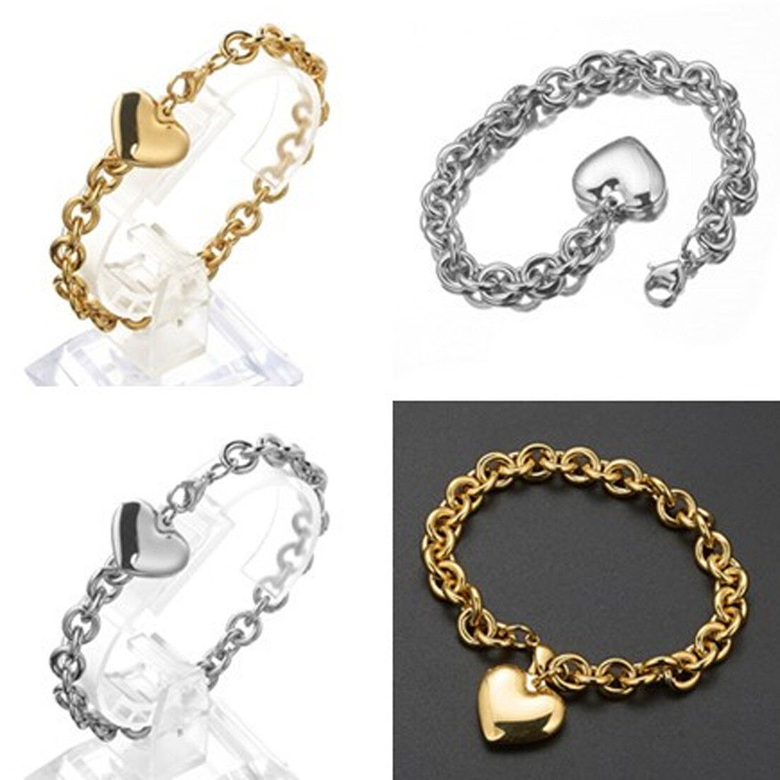 7″-10″ Fashion Women Girls Stainless Steel Rolo Chain Bracelet with Heart Charm