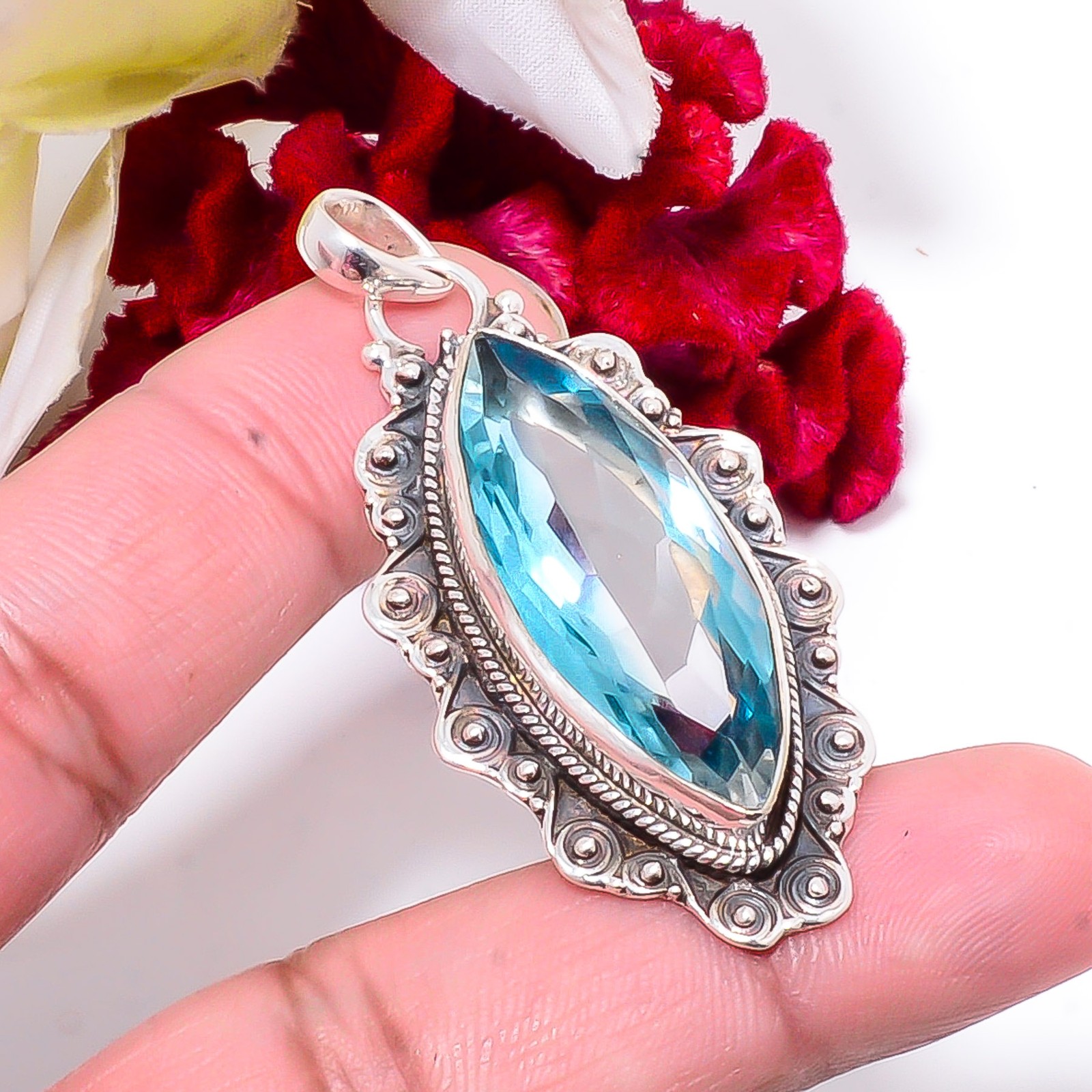 Blue Topaz 925 Sterling Silver Jewelry Bali Pendant 2.26 Sk60, Christmas Gift