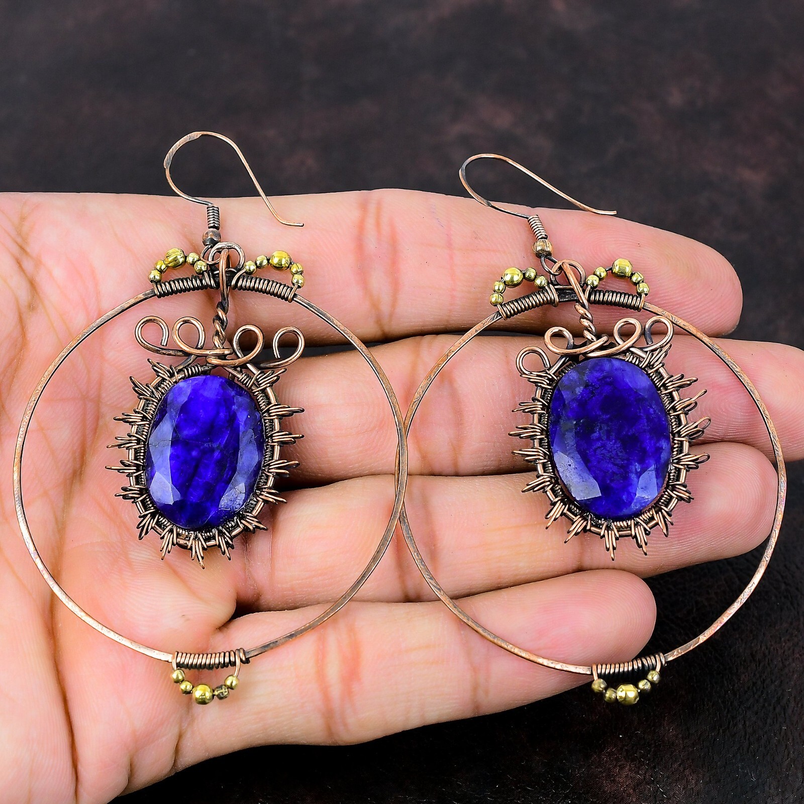Blue Saphire Copper Gift For Bridesmaid Wire Wrapped Drop/Dangle Earrings 3.43″