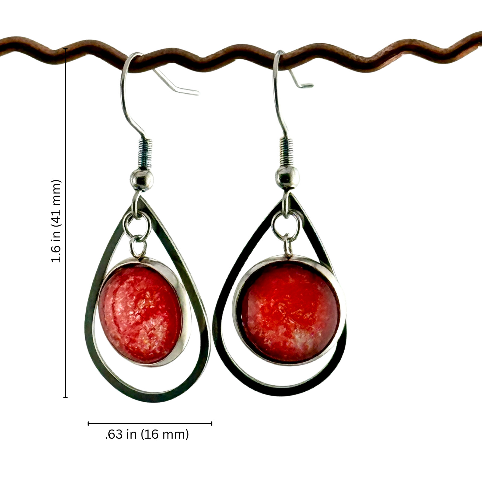 Dangle Earrings Handmade “Sparkly Red Teardrop” Sterling Silver French Earwires
