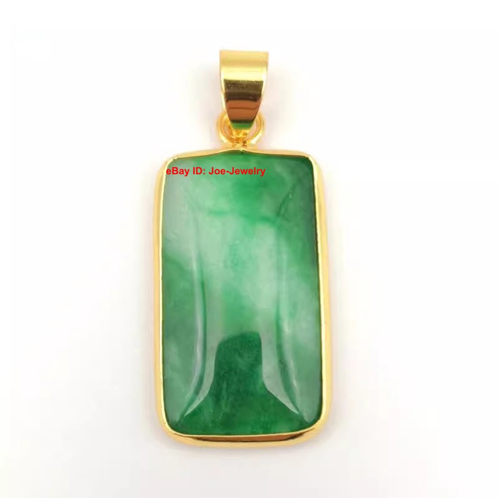 NEW Yellow-Plated Alloy Rectangle Green Jade Pendant Good Luck 35x15mm