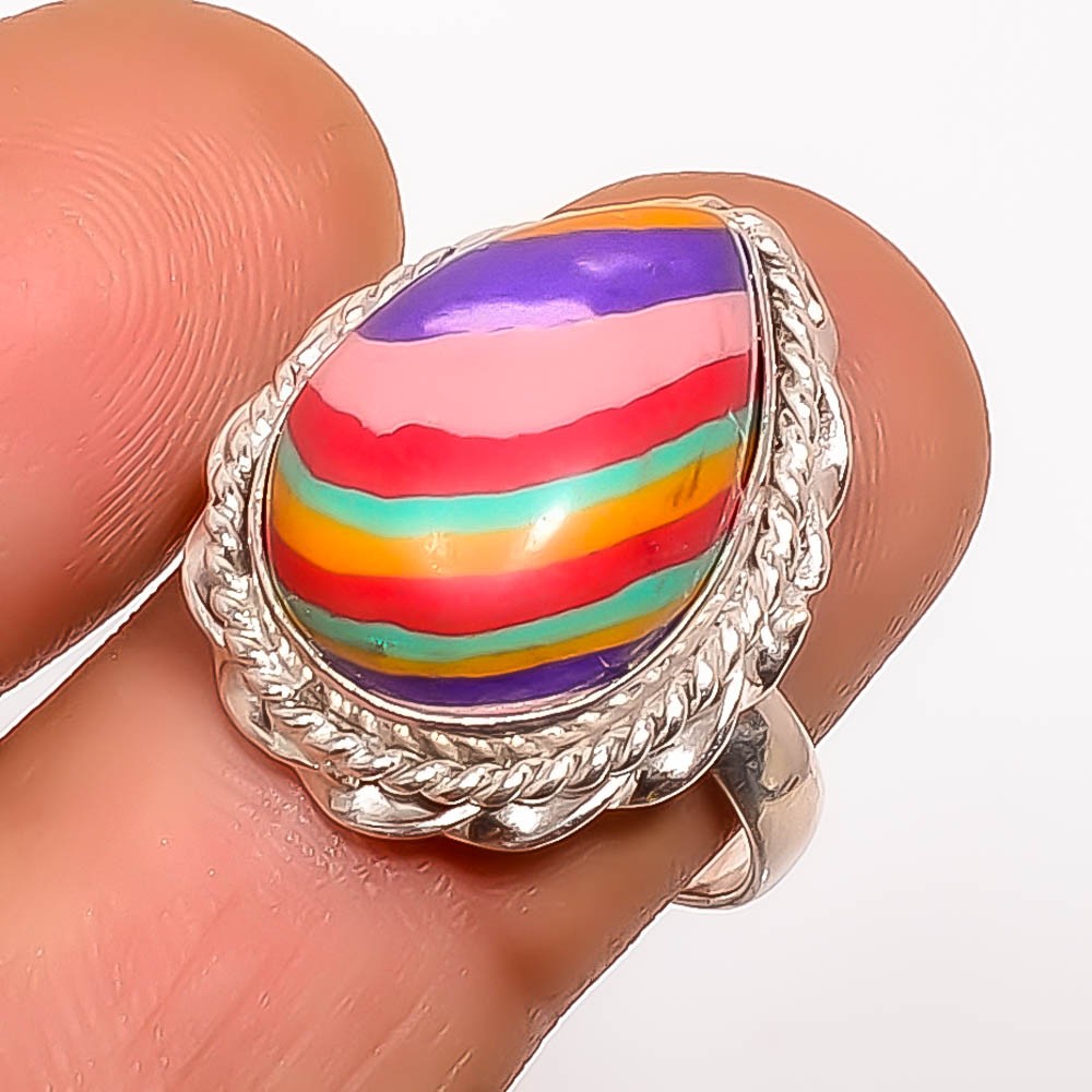 Rainbow Calsilica Gemstone 925 Silver Plated Ring s.8.5 TR7533-106