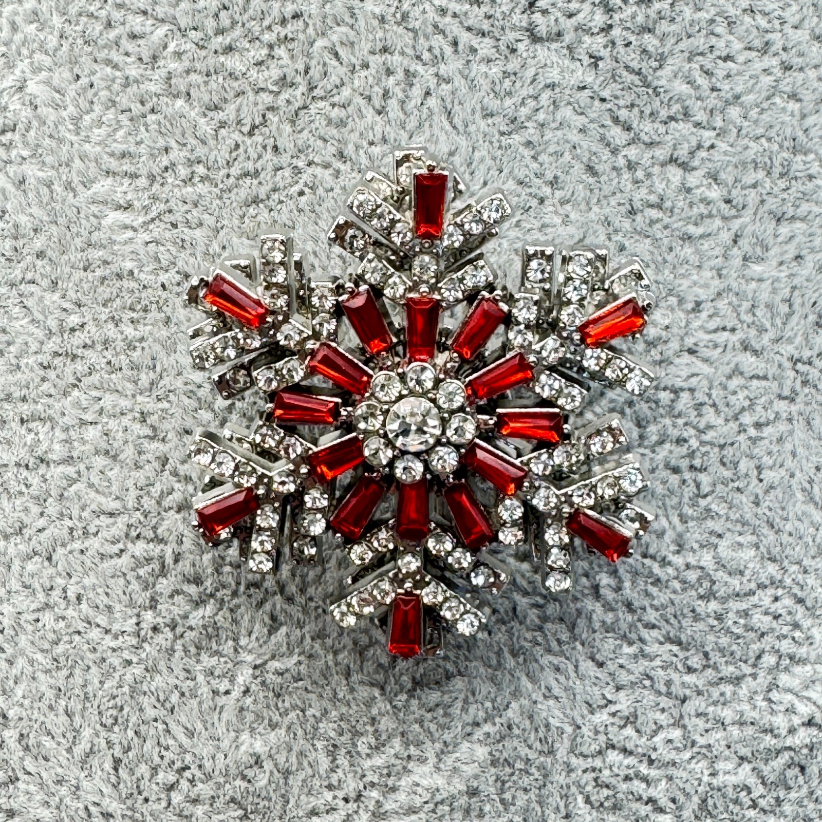 Snowflake Rhinestone Brooch Pin Red Clear Crystal Holiday Jewelry Silver Tone
