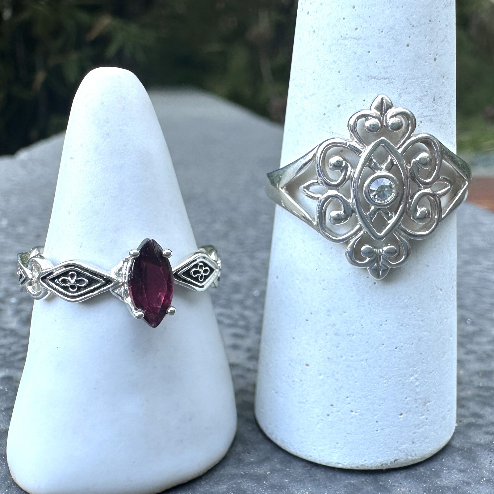 Set of Two Dainty Sterling Silver Rings – Sizes 8 & 9 w Garnet & CZ, 4.9g
