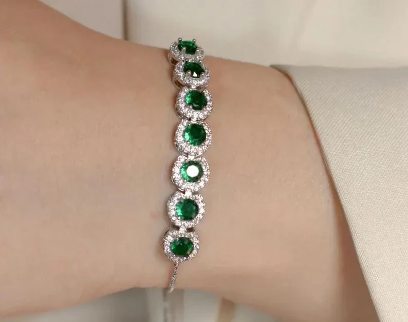 9Ct Round Simulated Emerald Engagement Tennis Bracelet 14K Yellow Gold Plated