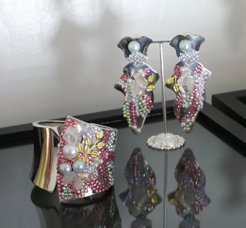 SET – Bangle and Earrings – Pearls Rhinestones Pink Quartz, Designer Pieces.