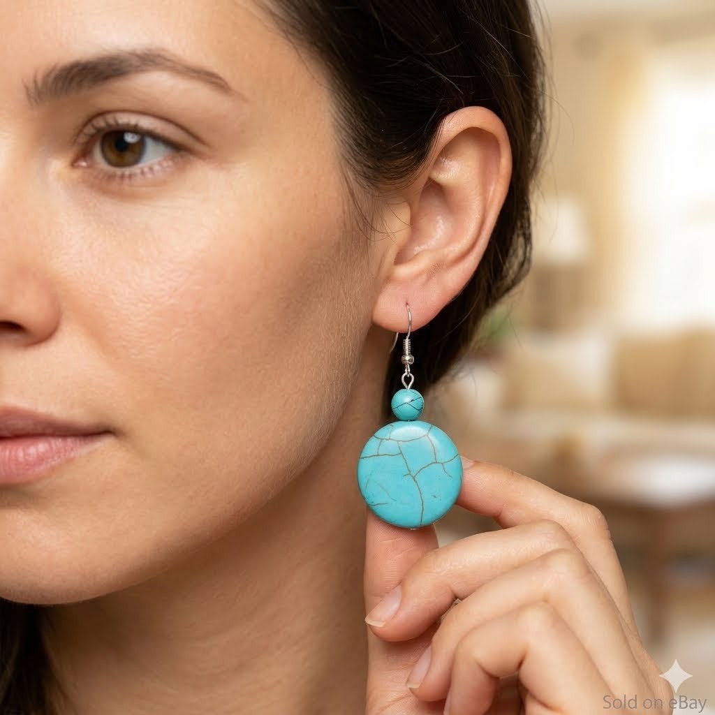 Women’s turquoise hoop earrings, stainless steel hooks synthetic stone, bohemian