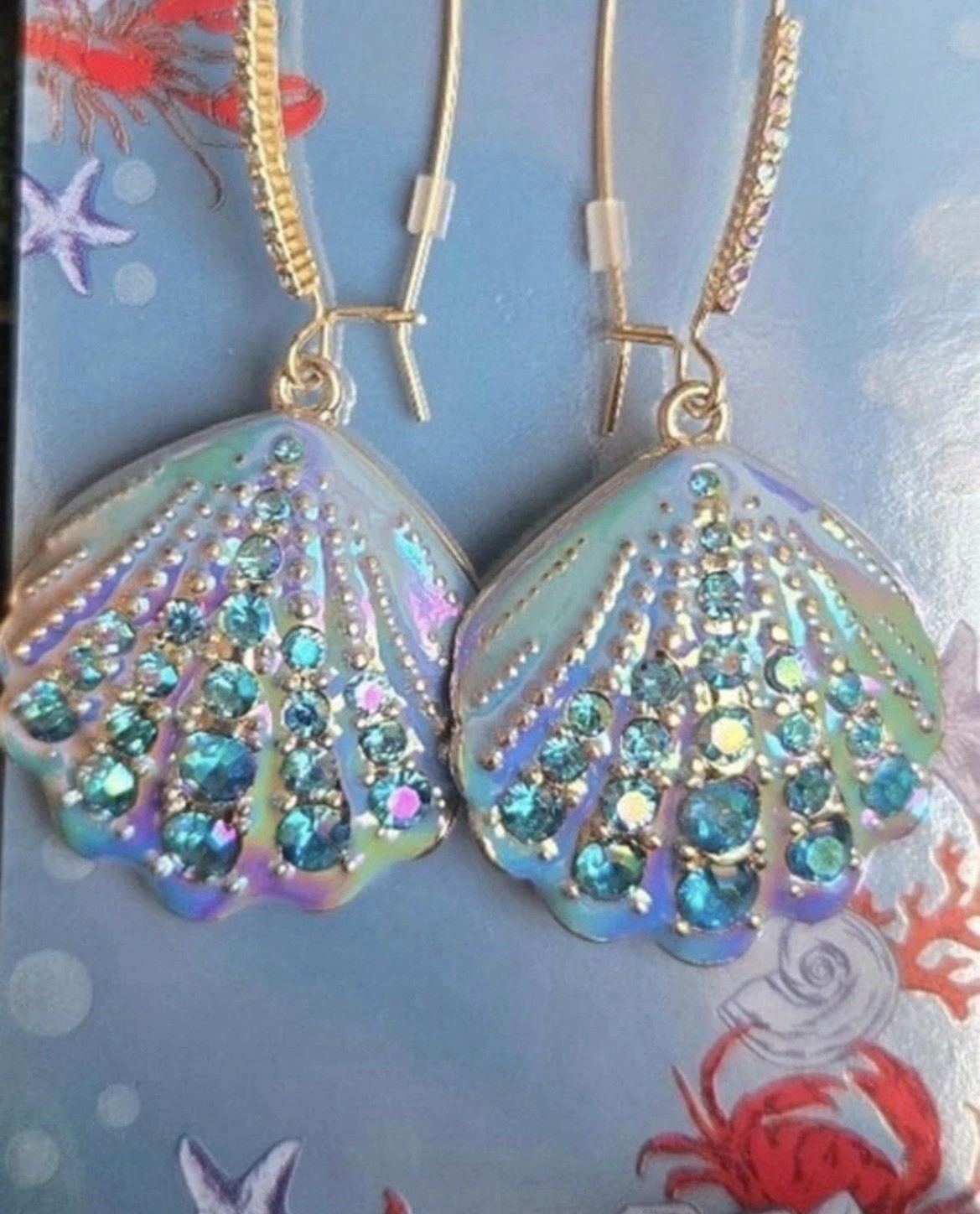 Betsey Johnson Earrings Iridescent Seashell Mermaid Drop NWT Crystal Dangle