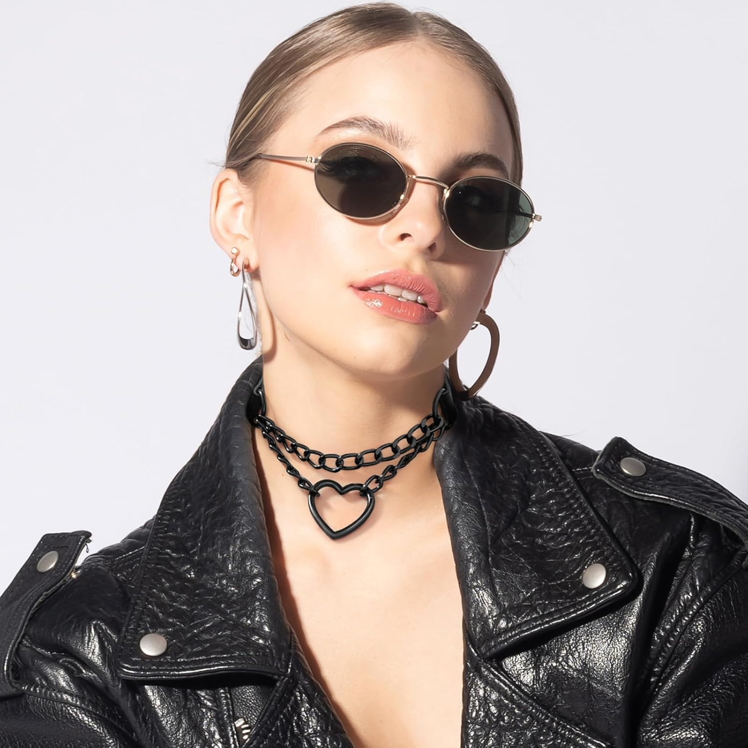 2PCS Black Choker Necklace for Women Leather Chokers Collar and Leash Set Goth S