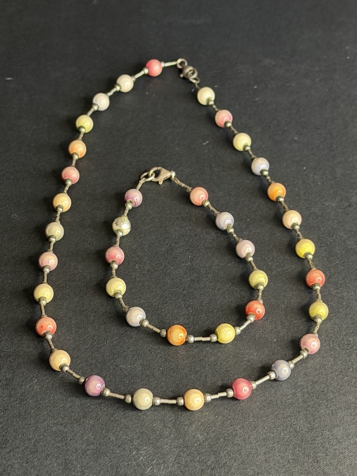 Sterling Silver 925 Multicolor Ceramic Enamel Bead Necklace Bracelet Set 18” 8”
