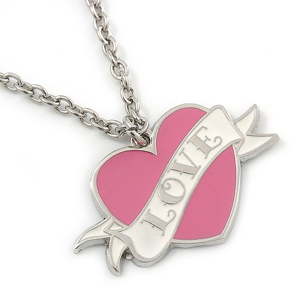 PINK COOKIE IN PURSE Enamel Heart Pendant With 42cm L/ 5cm Ext Rhodium Plated