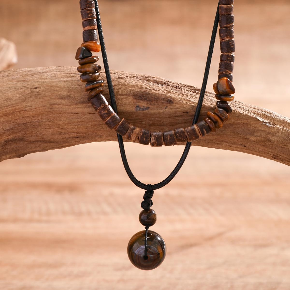 2pcs Boho Stone Pendant Necklaces Vintage Wood Bead Chokers for Men – Ethnic