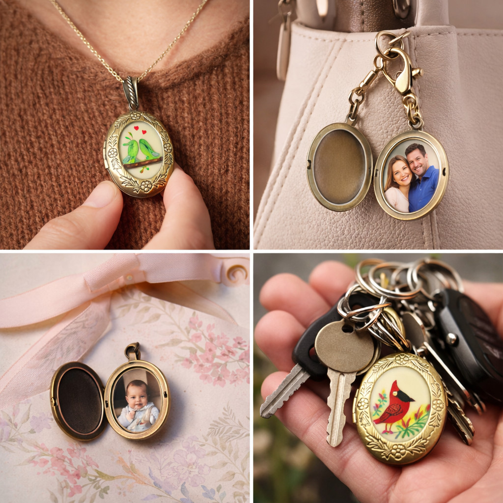 Red Cardinal Bird Oval Locket Pendant Necklace Vintage Brass Photo Keepsake Gift