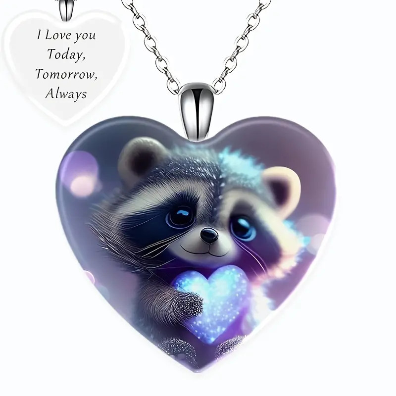 Raccoon Puffed Heart Pendant Necklace-New-“I Love You Today, Tomorrow, Always”
