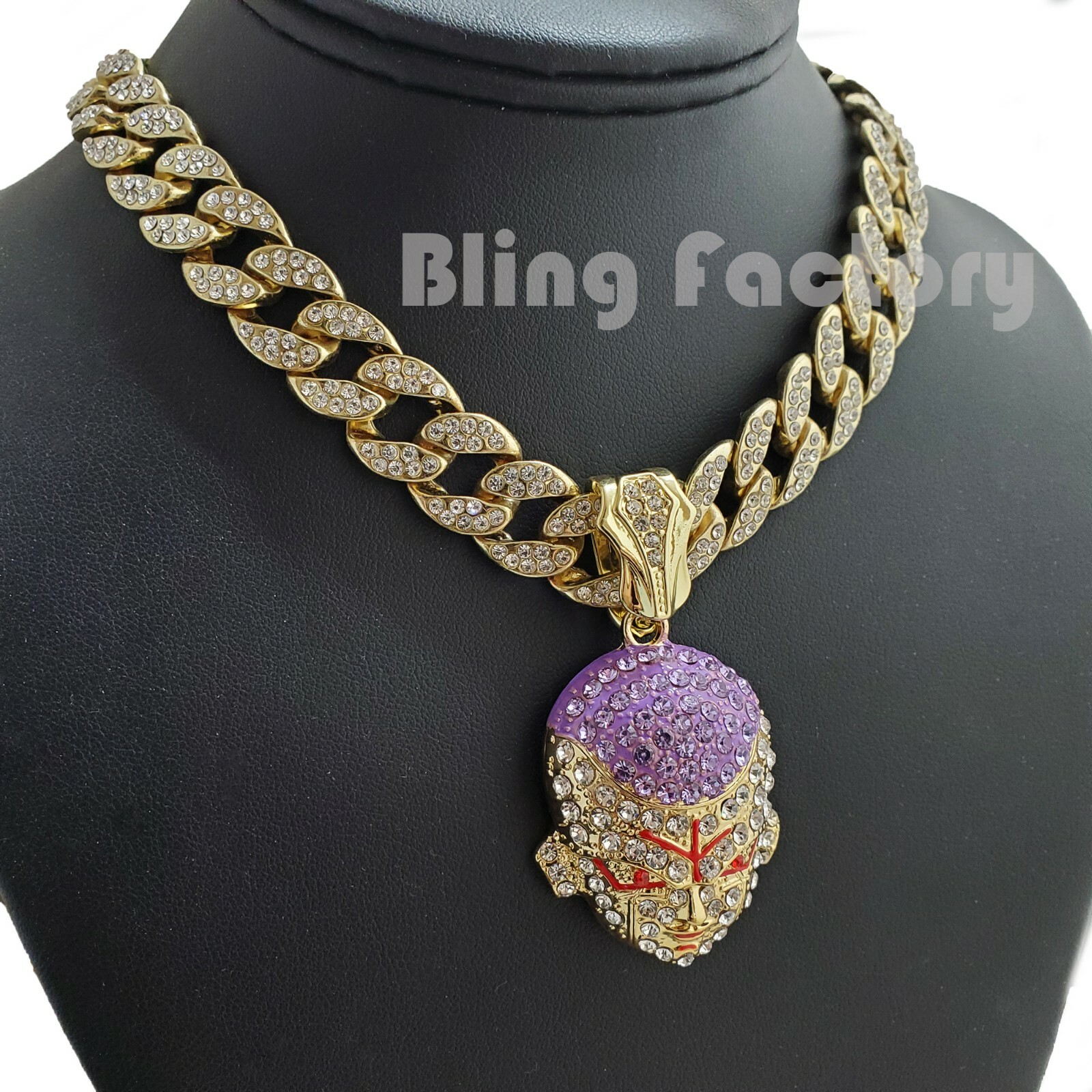 Gold PT FRIEZA Pendant & 16″ 18″ 20″ 24″ Iced Cuban Choker Chain Bling Necklace