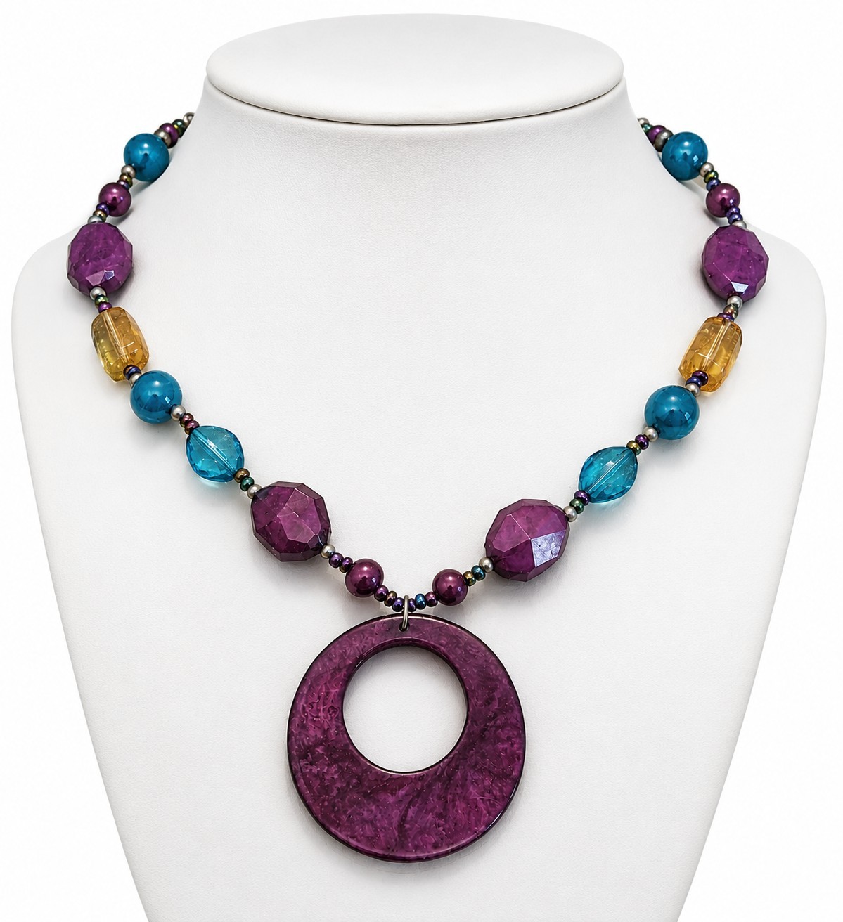 Purple Green Beige Acrylic Bead Open Circle Pendant Necklace 20 inch