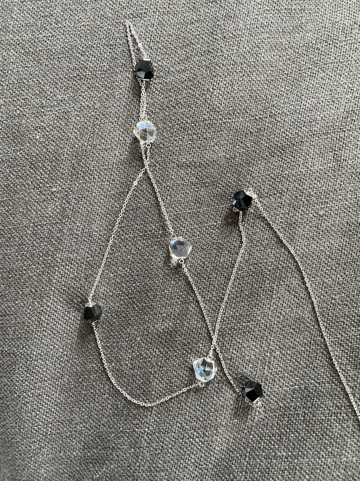 Swarovski long silver chain, 90cm long beaded black and clear crystal necklace.