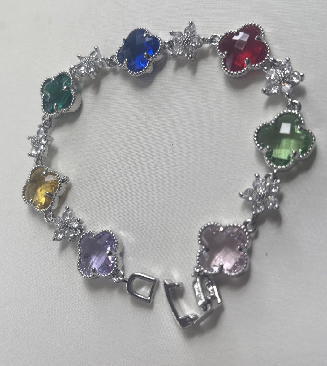 Multi Colored Crystal Gems Bracelet SZ 6.5 Green, Red, Yellow, Purple, Pink