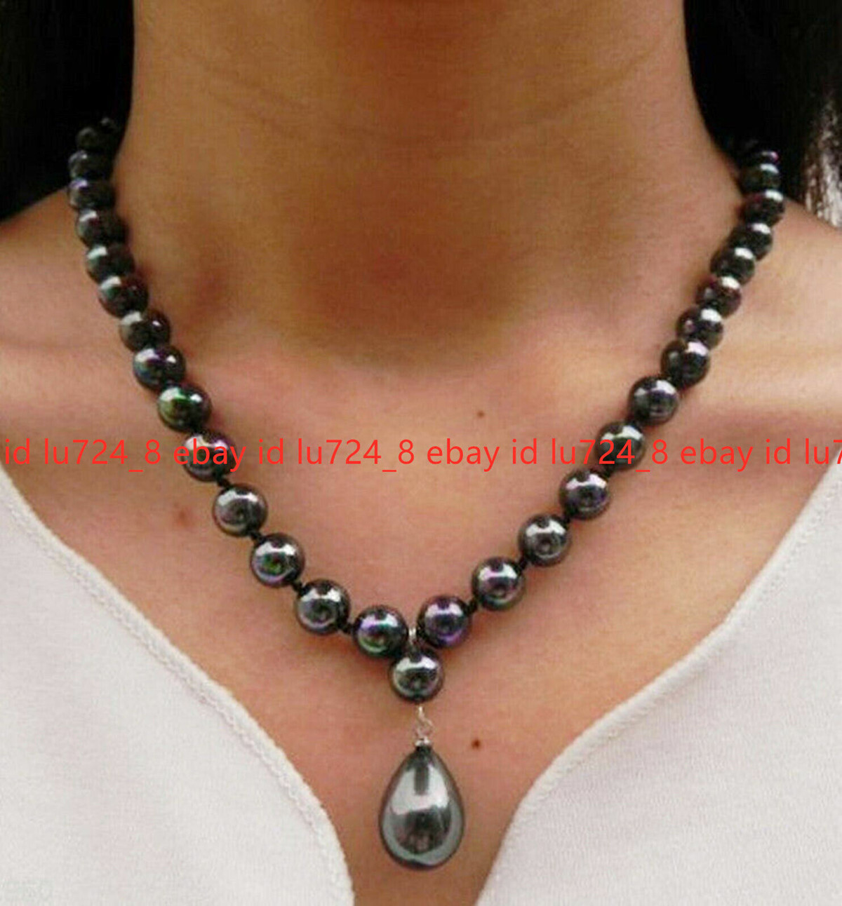 8mm Round South Sea Black Shell Pearl 12x16mm Drop Pendant Necklace 14-28″