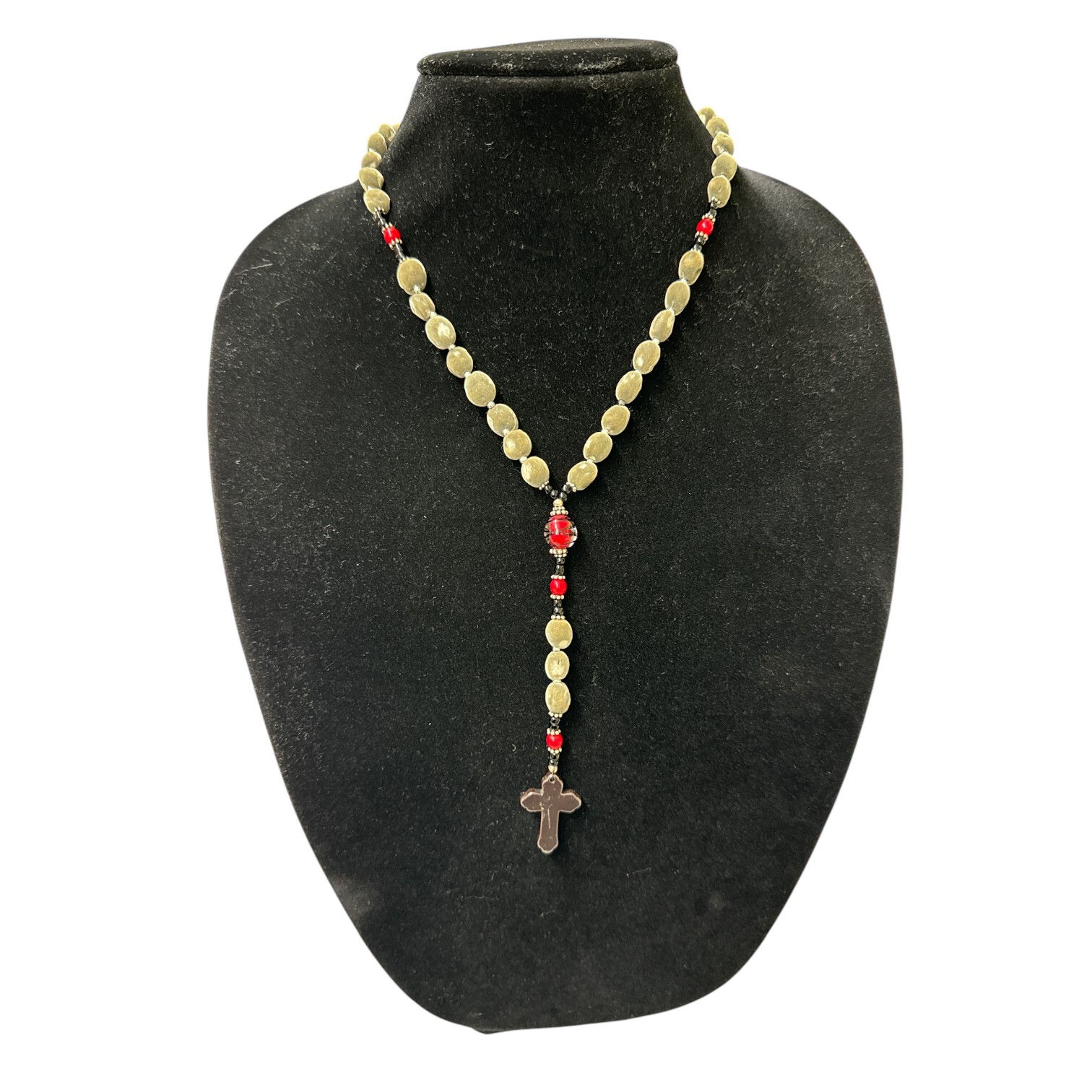 Beaded Cross Pendant Necklace Gray, Black, Red & Silver Beads 21 3/4 in