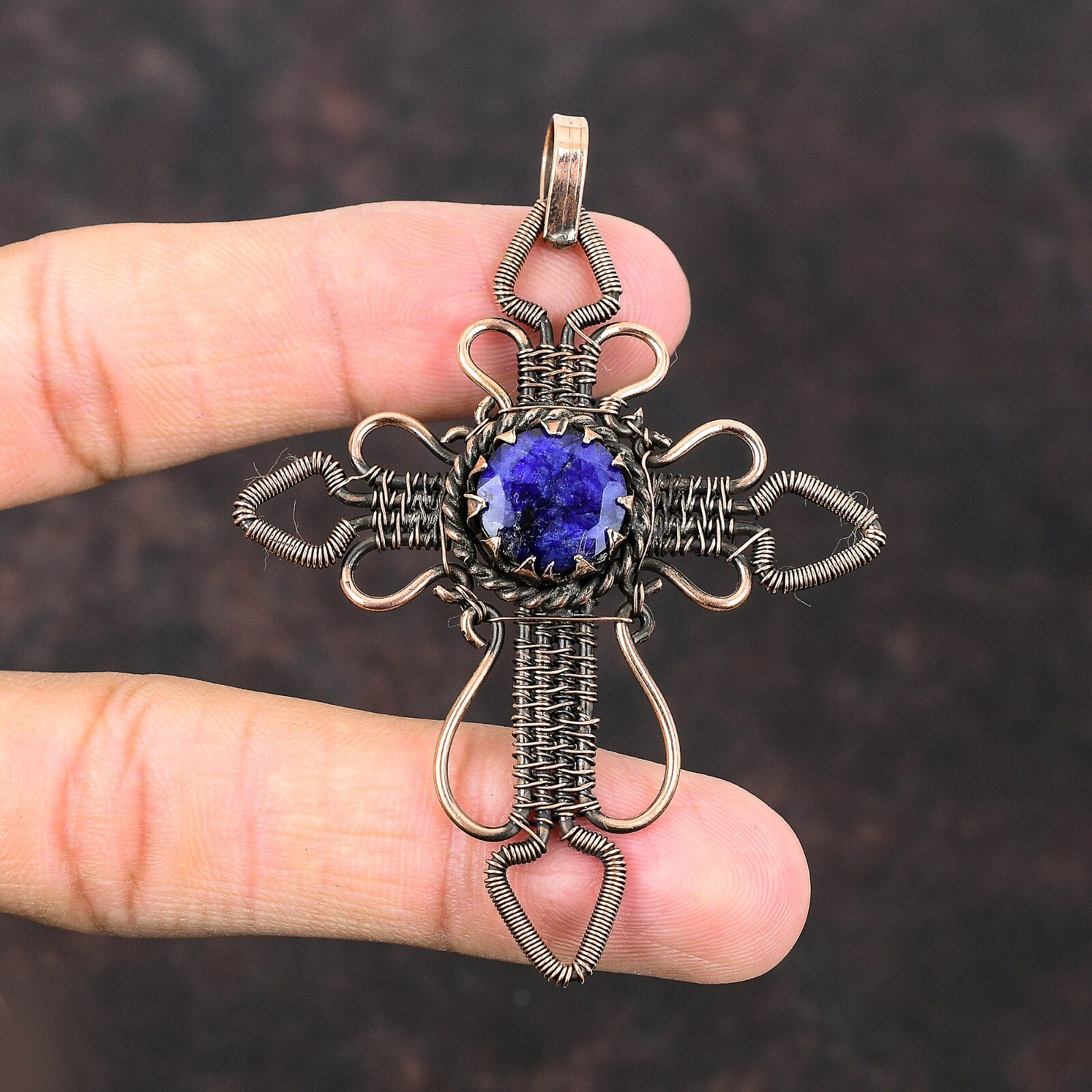 Blue Saphire Gemstone Jewelry Copper Wire Wrapped Cross Pendant For Girls 2.95″