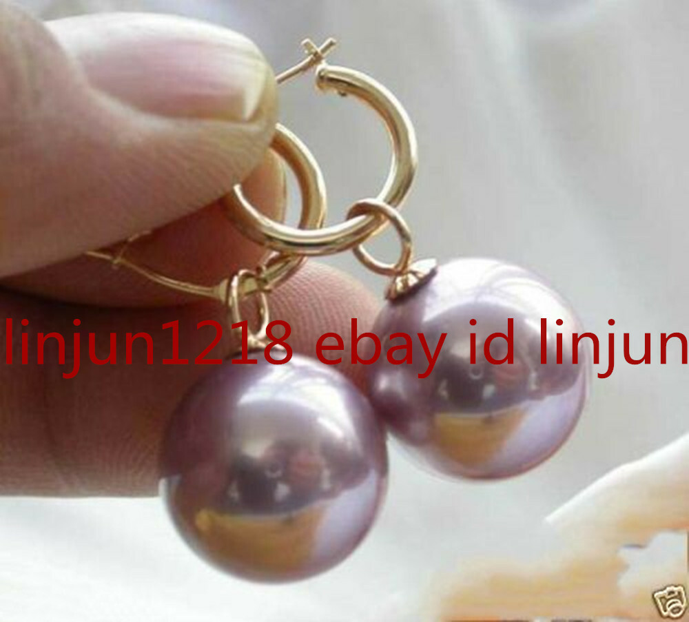Rare Huge 14mm Tahitian Purple South Sea Shell Pearl Dangle Earring AAA