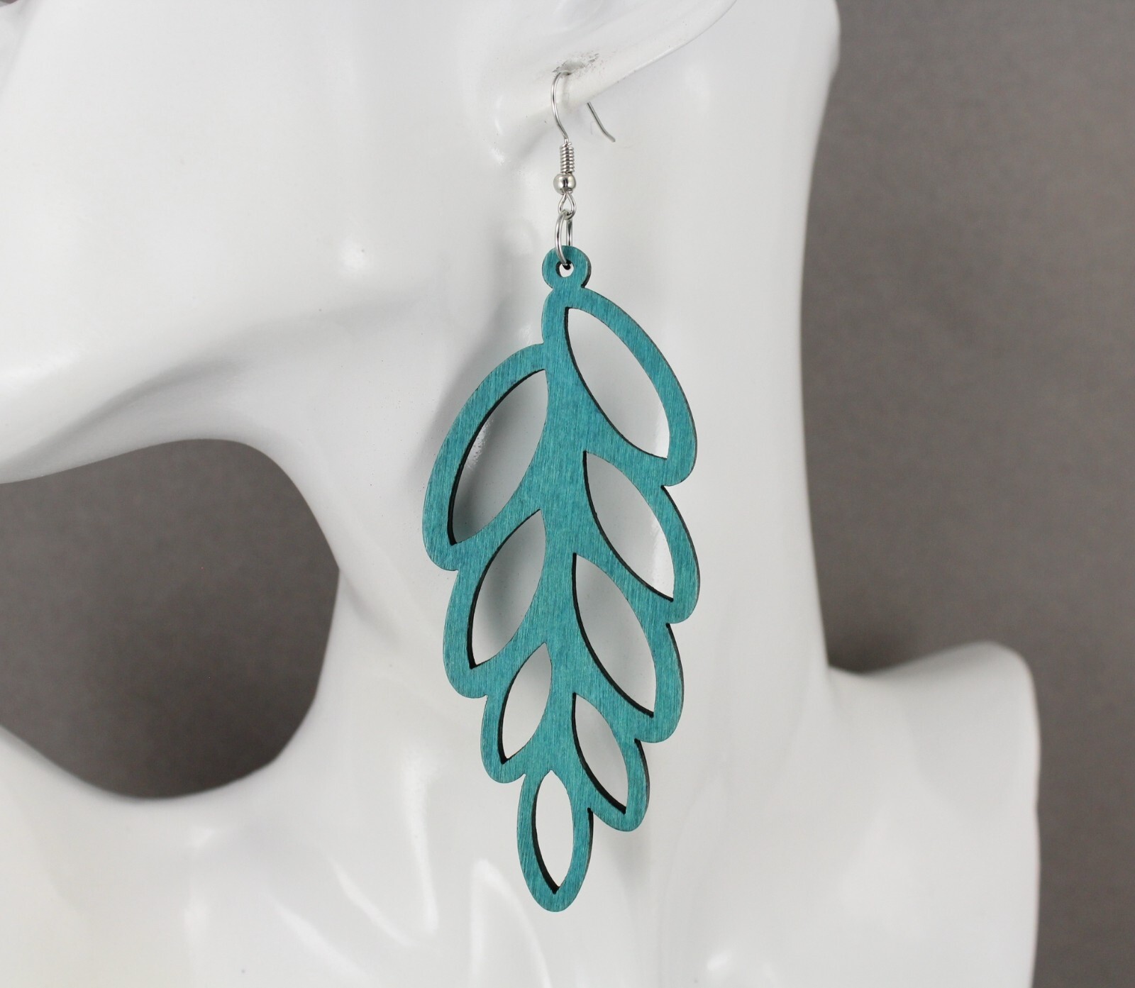 Teal Green wood leaf earrings dangle lightweight wood 4 3/8″ long feather vine