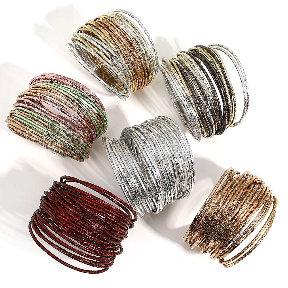 Triple Color Leather Wrap Bracelet Multilayer Slim Glitter Rope Chain Women