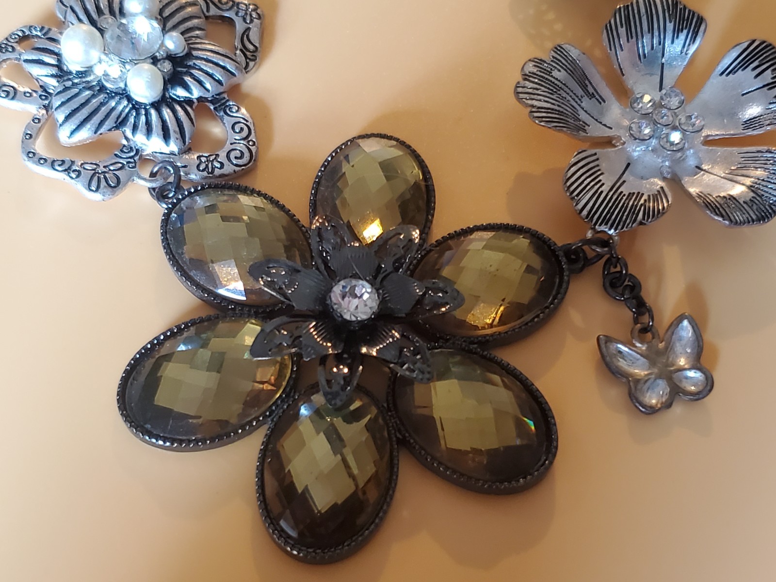 Park Lane Statement Necklace Crystal Pearl Flowers Leaves Butterfly Black Chain