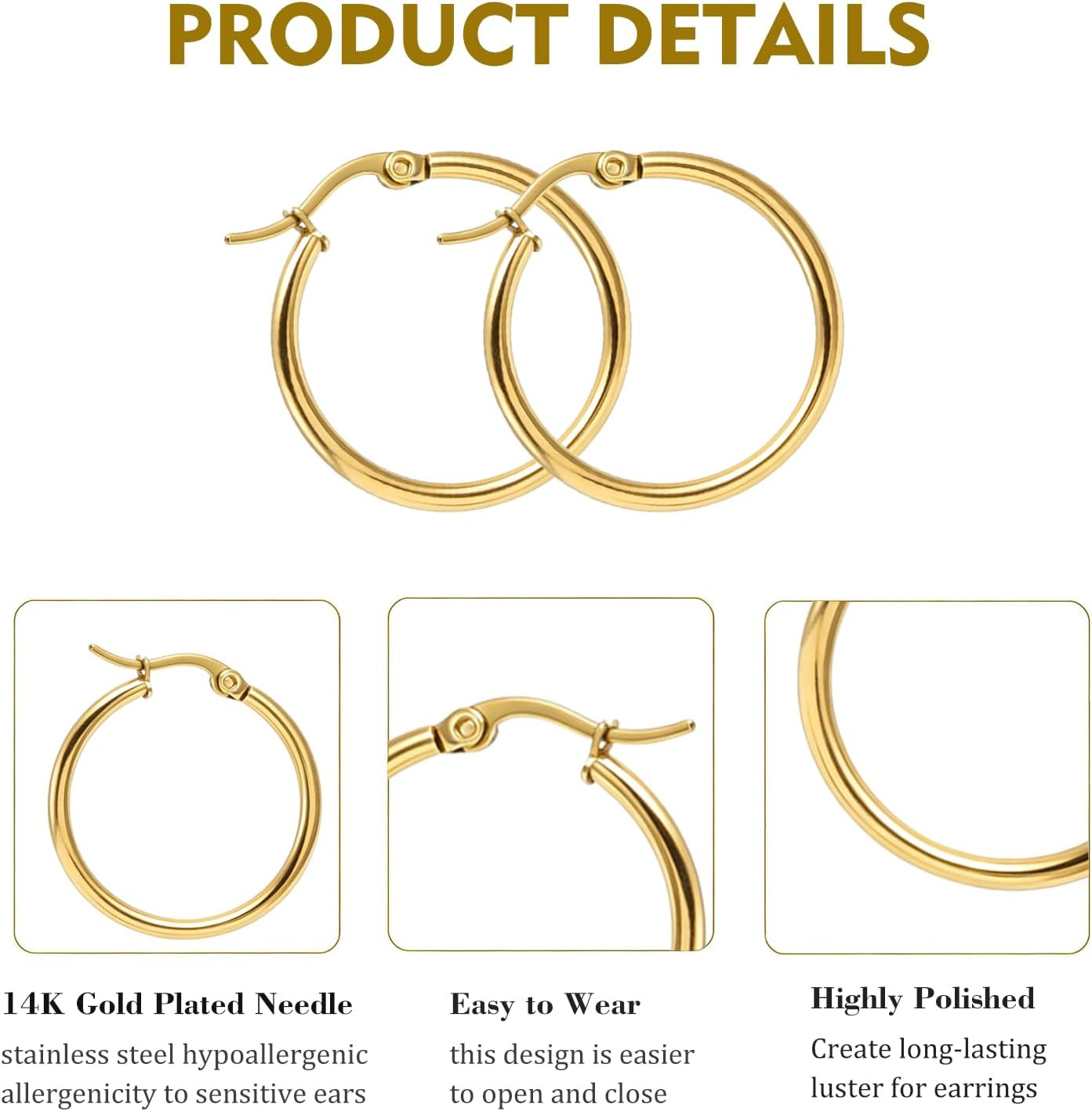 4 Pairs Gold Silver Hoop Earrings Set, 14K Gold Plated 316L Stainless Steel Hugg