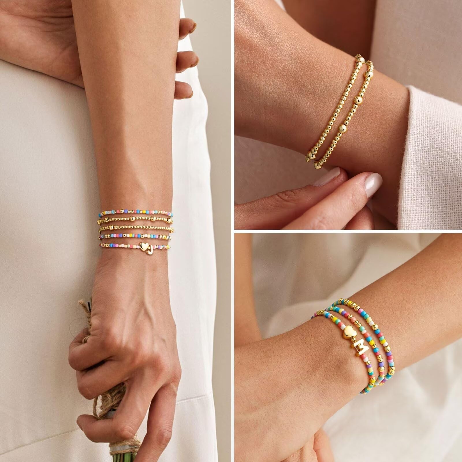 Colorful Beaded Bracelets Set – 5PCS Cute Heart Initial Stretch Jewelry for Girl