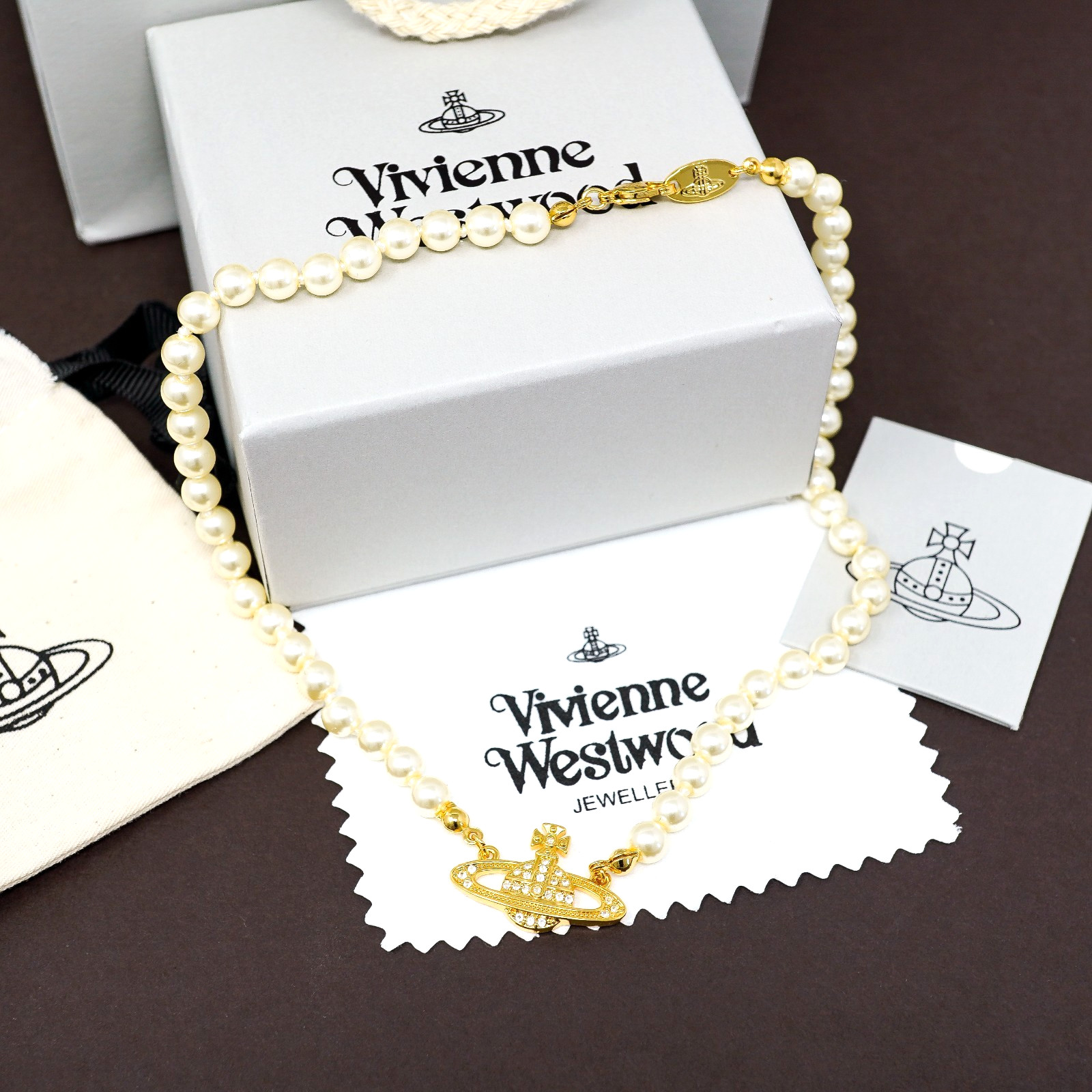 Vivienne Westwood Necklace Bas Relief Pearl & Gold Pendant With Crystals & Box