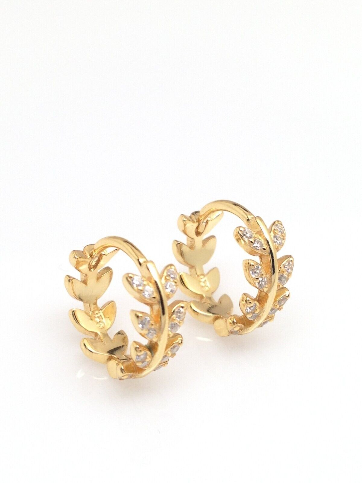 925 Sterling Silver CZ Leaf Vine Huggie Hoop Earrings Gold Women 12mm/9.8mm x4.3