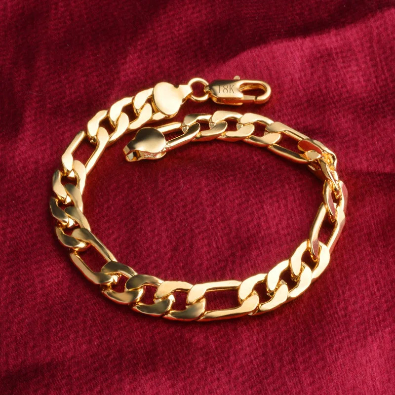 8 Inch Gold Bracelet 8MM Gold/Silver Color Full Side Figaro Chain Bracelet.