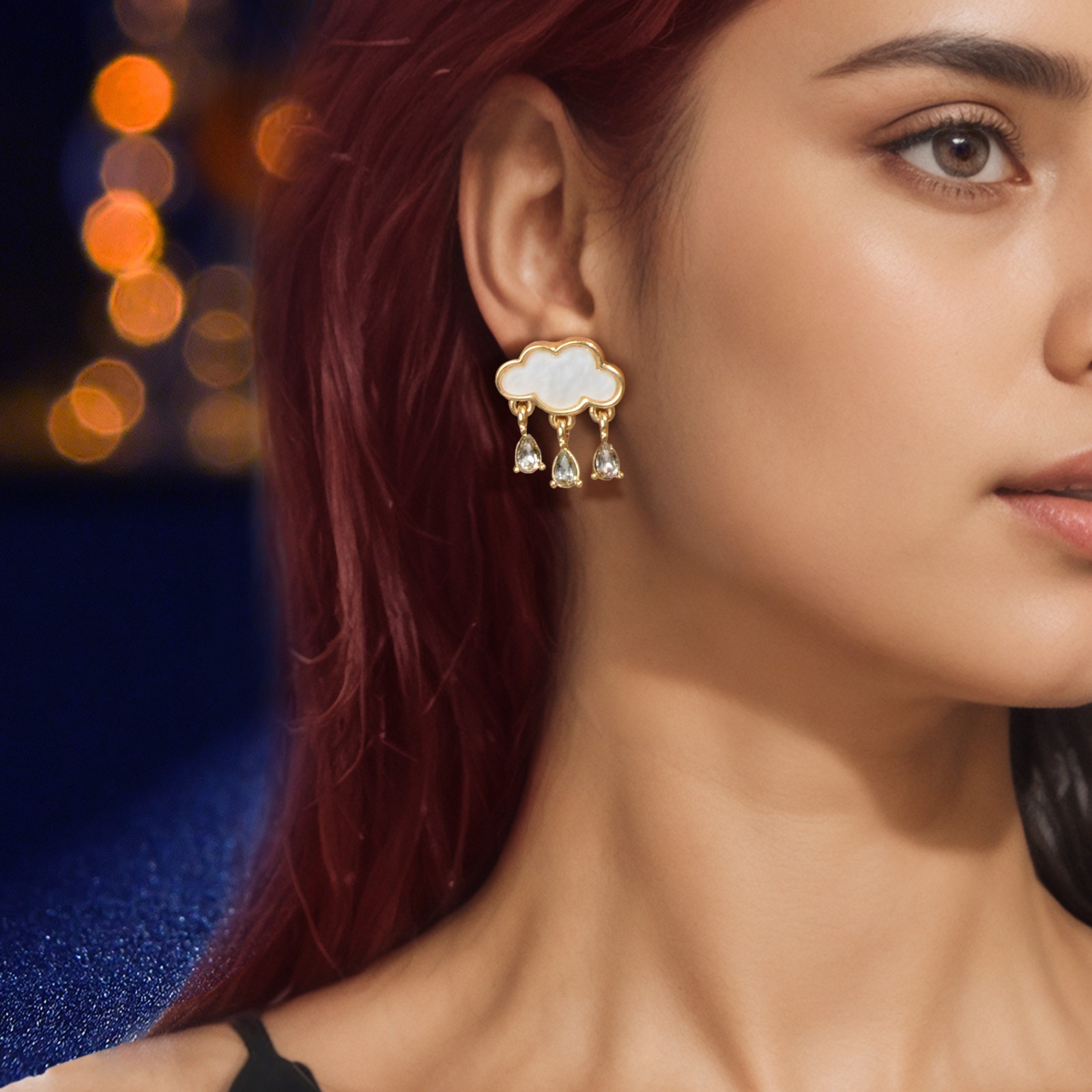 Cute Romantic Gold Border White Cloud Stud Rhinestone Raindrop Dangle Earrings