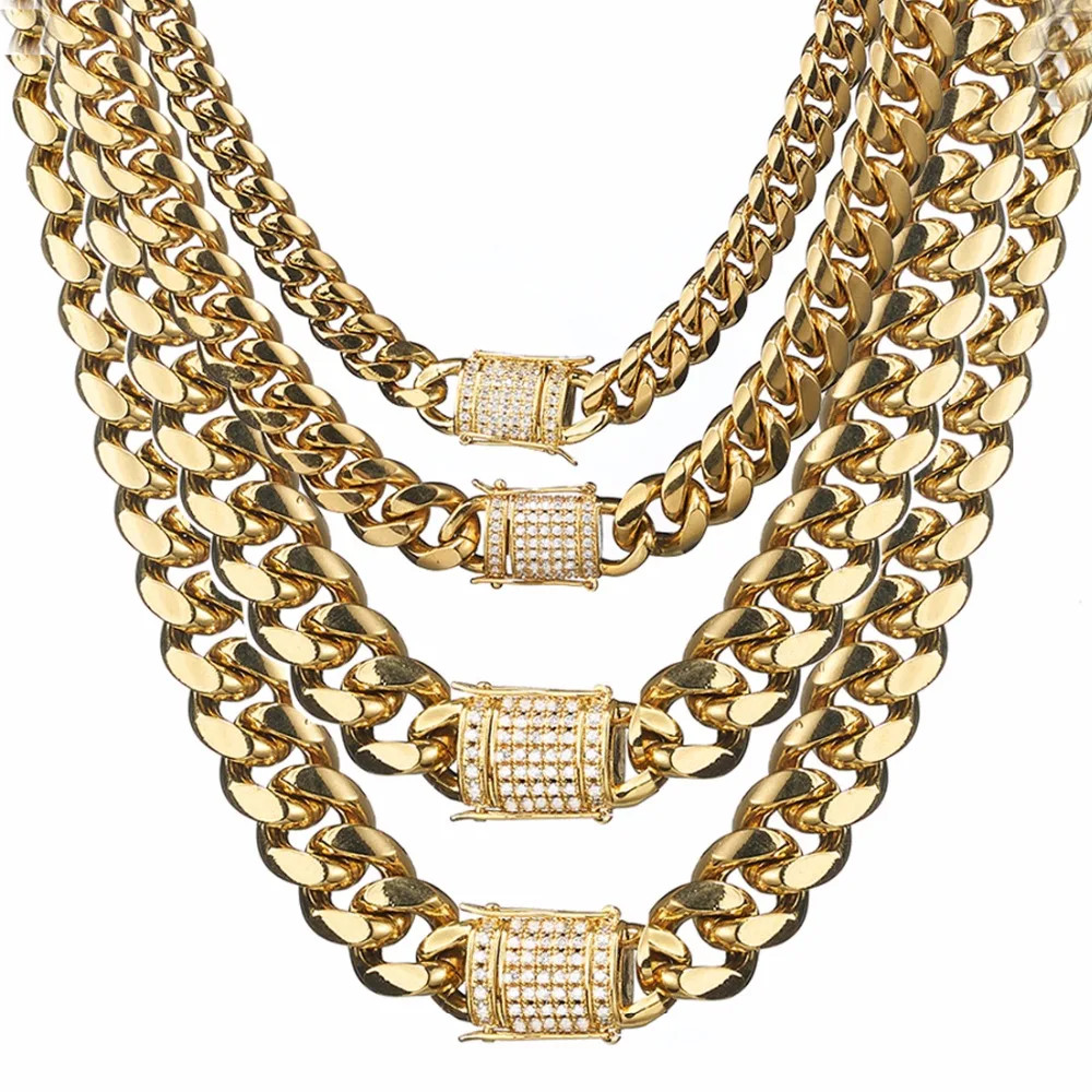 Stainless Steel Chain Necklace Miami Cuban Curb Link Gold Color Men Jewelry