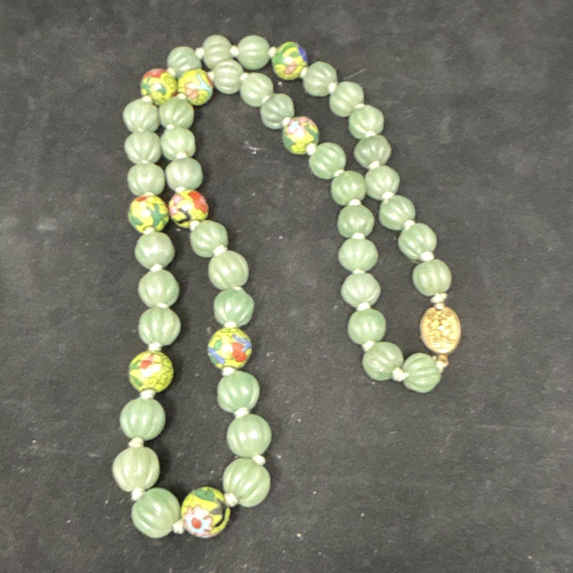 Green Beaded Necklace Strand w/ Multicolor Accent Beads Gold Tone Clasp
