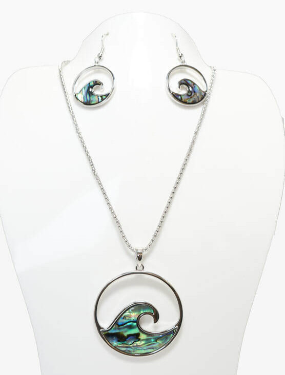 Resin Necklace and Earring Set – Natural Abalone Paua Shell Hawaiian Ocean Wave