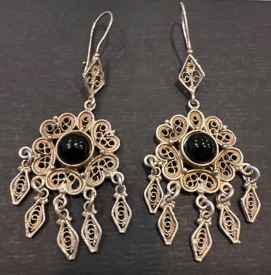 Sterling Silver 925 Chandelier Earrings Cabachon Onyx Dangle 11 Grams