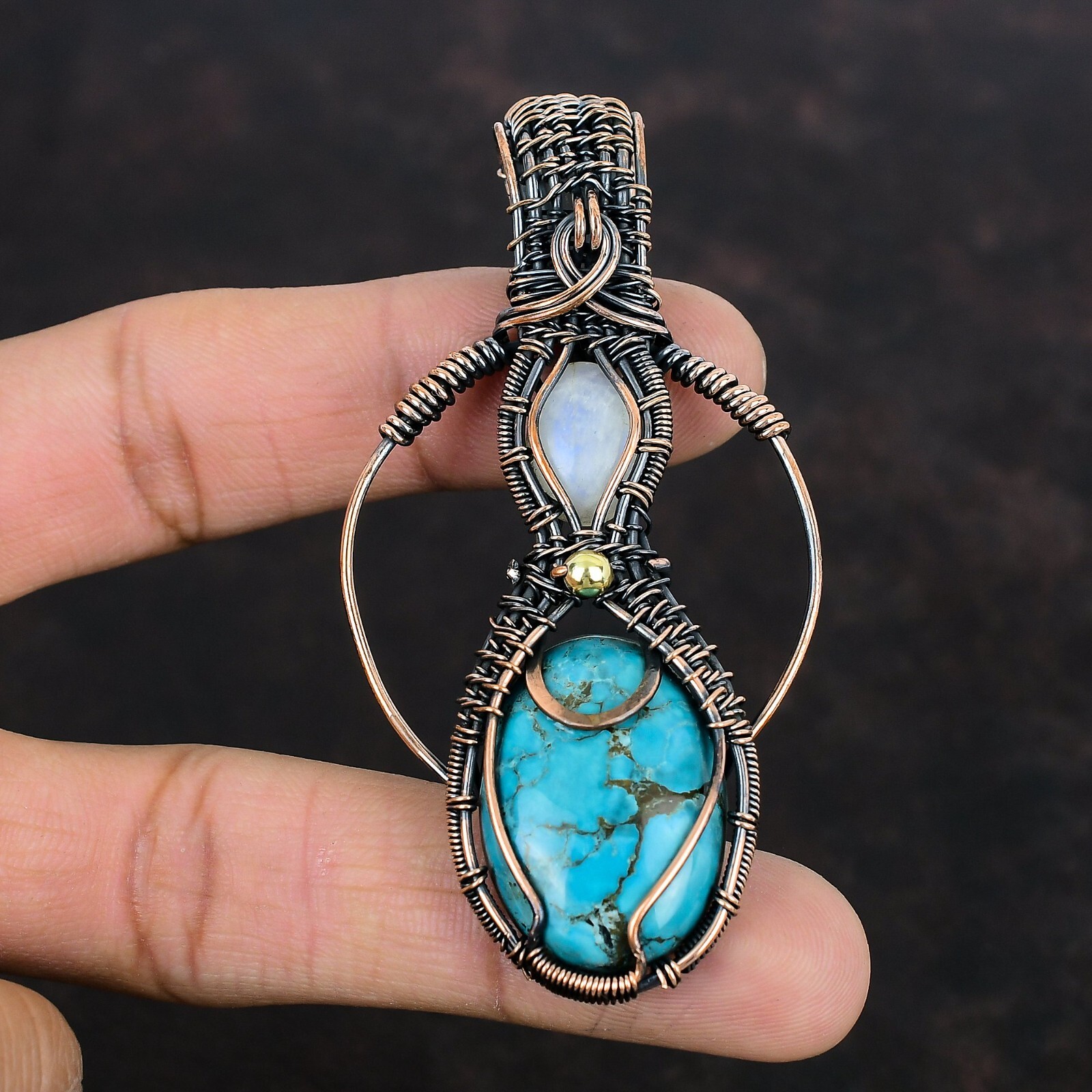 Tibetan Turquoise Wire Wrapped Pendant Handcrafted Copper Gift Jewelry 3.15″